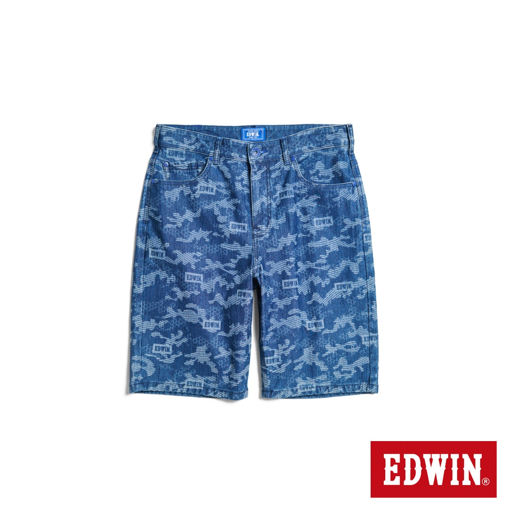 EDWIN 男裝 EDGE JERSEYS 迦績動能迷彩LOGO合身牛仔短褲-石洗綠