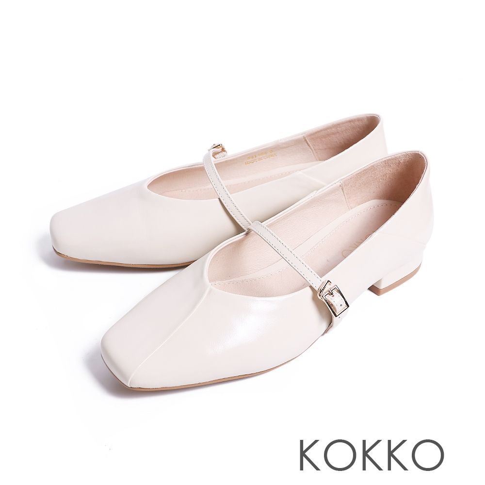 KOKKO柔美優雅拼接方頭瑪莉珍白色