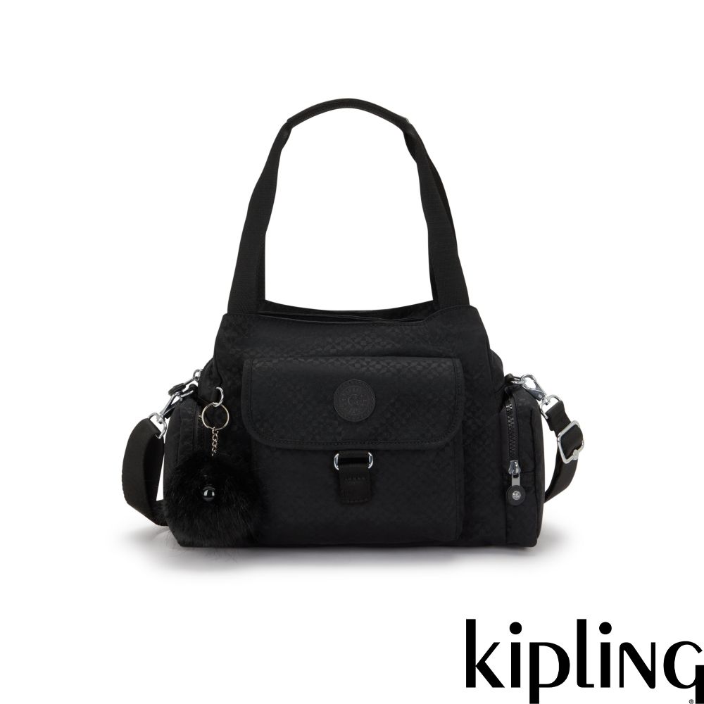Kipling (網路獨家款)黑色幾何印花好收納手提兩用斜背包-FELIX L U