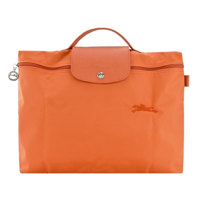 LONGCHAMP LE PLIAGE GREEN系列刺繡再生尼龍摺疊公事包(小/胡蘿蔔橘)