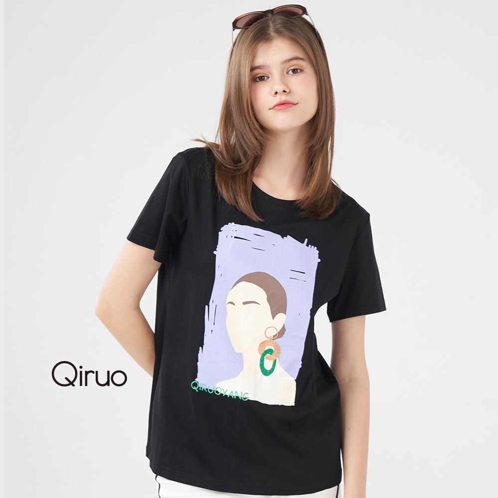 【Qiruo 奇若名品】專櫃精品黑色造型棉質T☆上衣(時尚個性胸前印花美女圖畫1237A)
