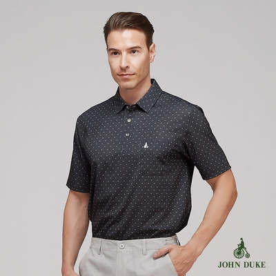 【JOHN DUKE約翰公爵】男裝吸排彈性抗UV襯衫領印花短袖休閒POLO衫 黑(20-3V1837)