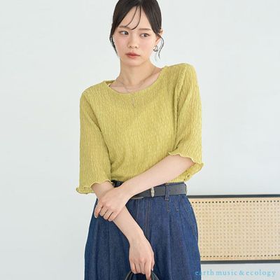 〔earth music〕縐紗微透圓領捲邊五分袖上衣