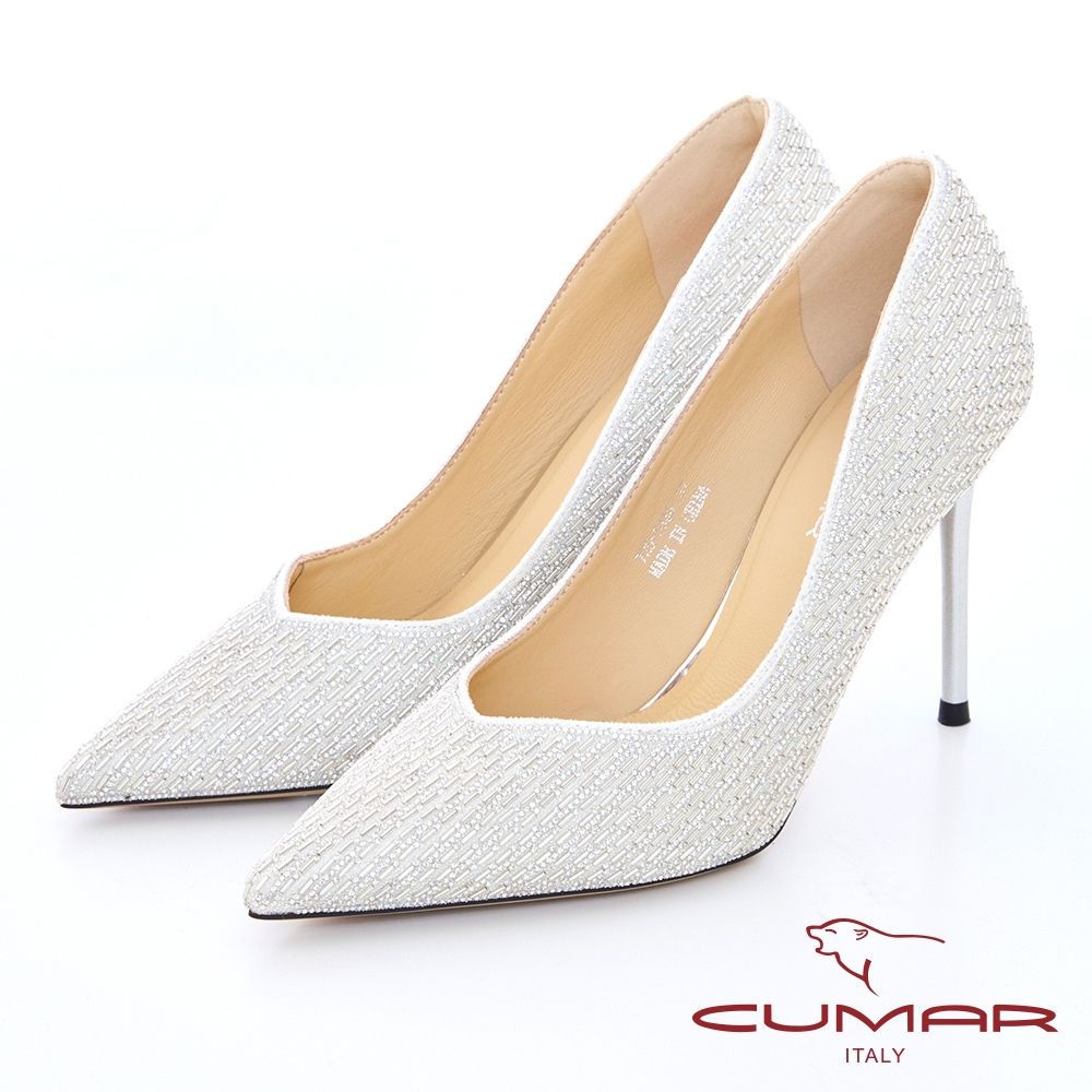 【CUMAR】典雅V口貼鑽細跟晚宴婚鞋高跟鞋-銀
