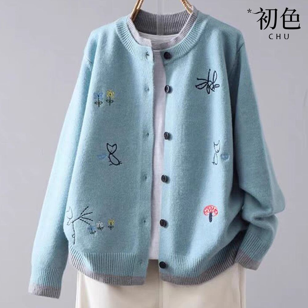 初色 休閒寬鬆刺繡圓領長袖針織毛衣開衫上衣女上衣-共5色-16134(F可選)