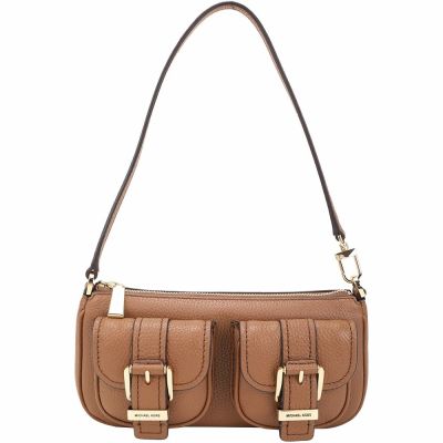 Michael Kors Zoe 小款 皮帶飾雙外袋鵝卵石紋牛皮手提 肩背包(棕色)