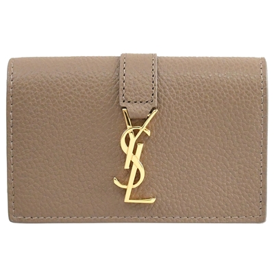 YSL Saint Laurent 金屬LOGO牛皮三折式六孔卡片鑰匙包(灰褐)