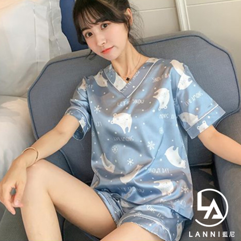 【藍尼居家】現+預 開朗系女孩冰絲短袖睡衣套裝(5款任選/親膚舒適/兩件式套裝/女睡衣) (睡熊)