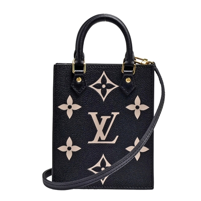 LV Louis Vuitton路易威登 M57937經典PETIT SAC PLAT系列Empreinte雙色牛皮手提/斜背包(黑/米)
