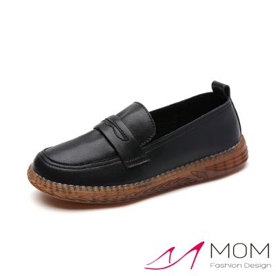 MOM 真皮休閒鞋 樂福鞋/真皮舒適小圓頭經典軟底樂福鞋 黑