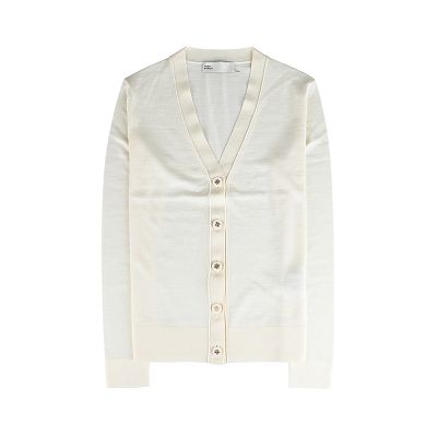 TORY BURCH Simone 金扣T字LOGO細緻V領羊毛真絲混紡開襟衫(女款/象牙白)