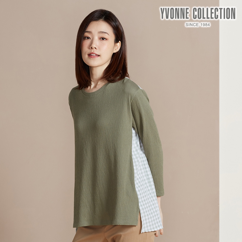 YVONNE 以旺傢飾 皺皺提花拼接長袖上衣-橄欖綠