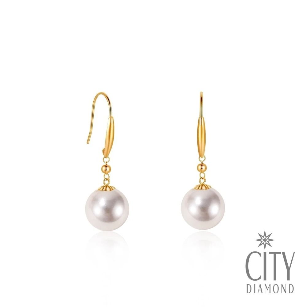 【City Diamond 引雅】網路獨家 18K 日本  AKOYA珍珠 7mm 黃K金 垂掛 耳環(珠潤月詠系列)