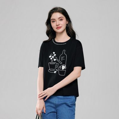 GIORDANO 女裝Sorona彈力黑白印花短袖上衣