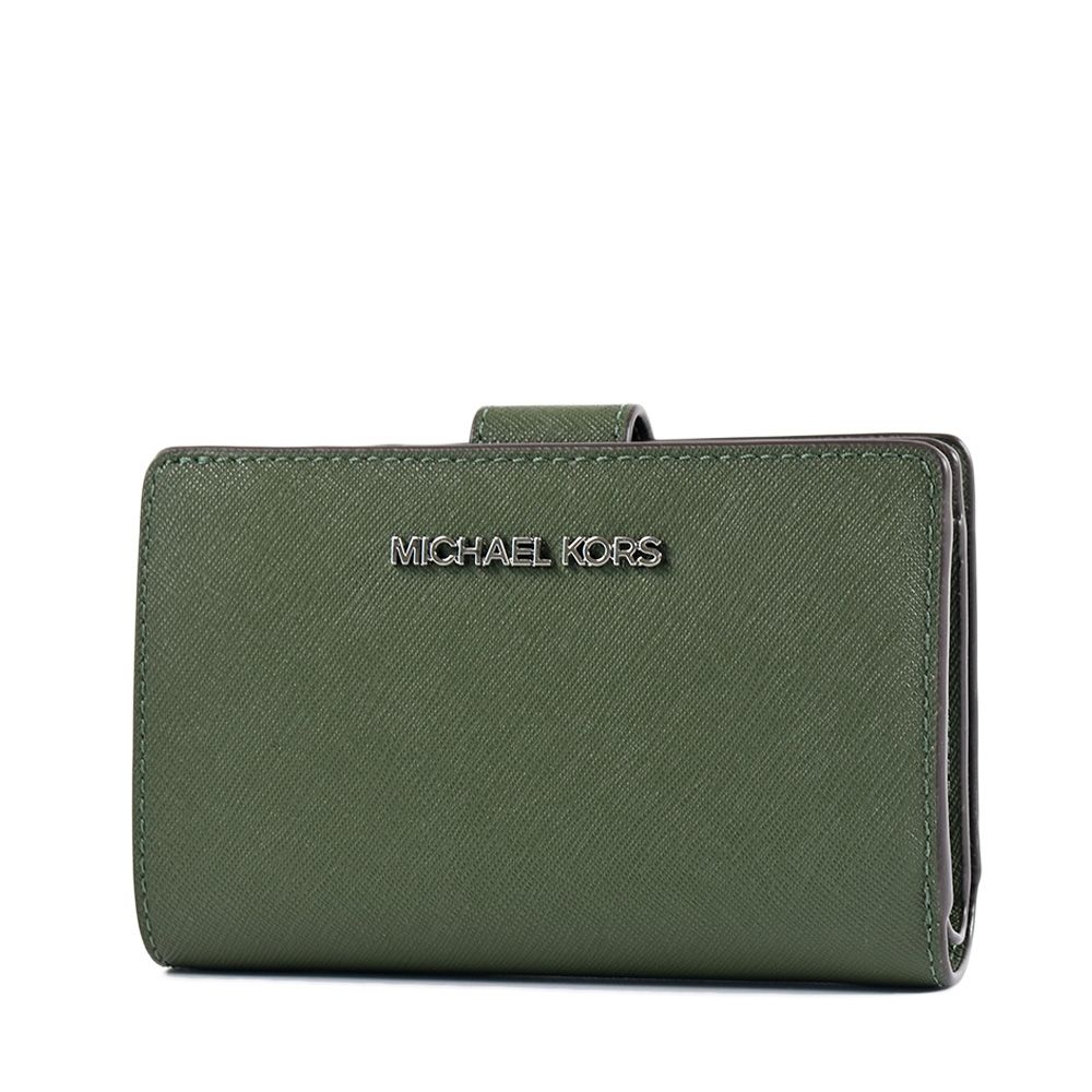 MICHAEL KORS 銀字LOGO素面防刮皮革釦式中夾-亞馬遜綠