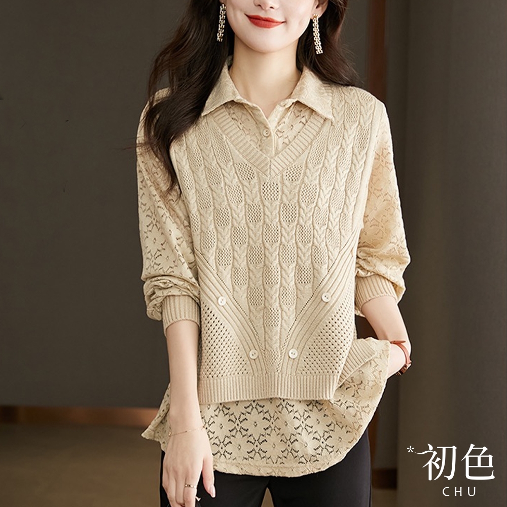 初色  翻領蕾絲拼接假兩件寬鬆薄款針織上衣-共5色-67053(M-2XL可選)