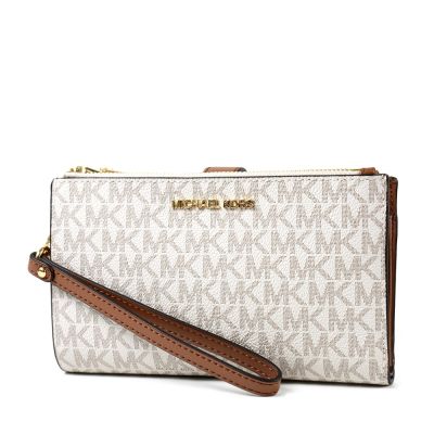 MICHAEL KORS 緹花LOGO防刮皮革對折釦式手掛手拿/手機包-白/棕-特