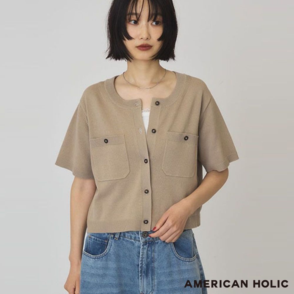 〔AMERICAN HOLIC〕雙口袋短袖針織開襟衫