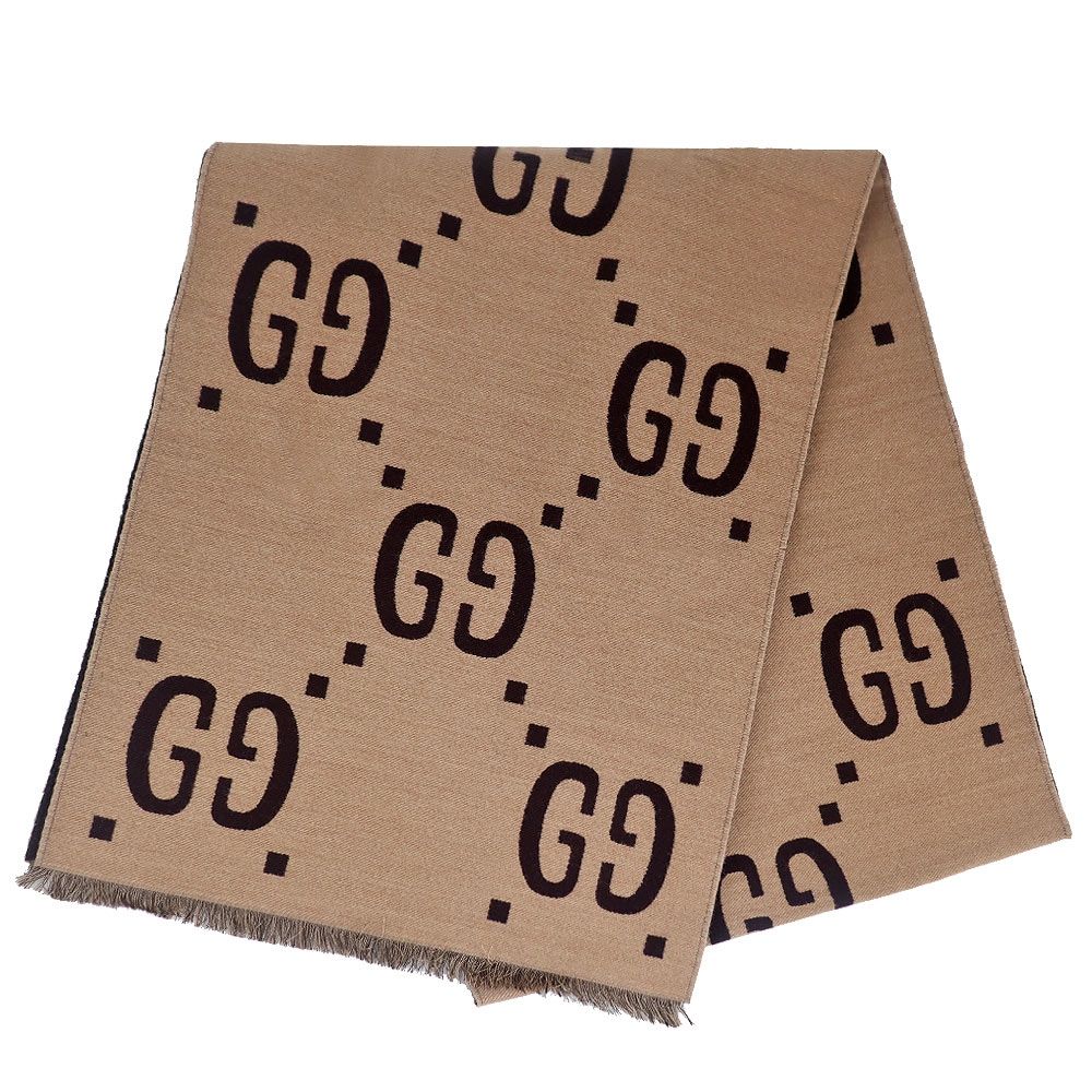 GUCCI 卡其色/咖啡色 G LOGO雙色羊毛圍巾