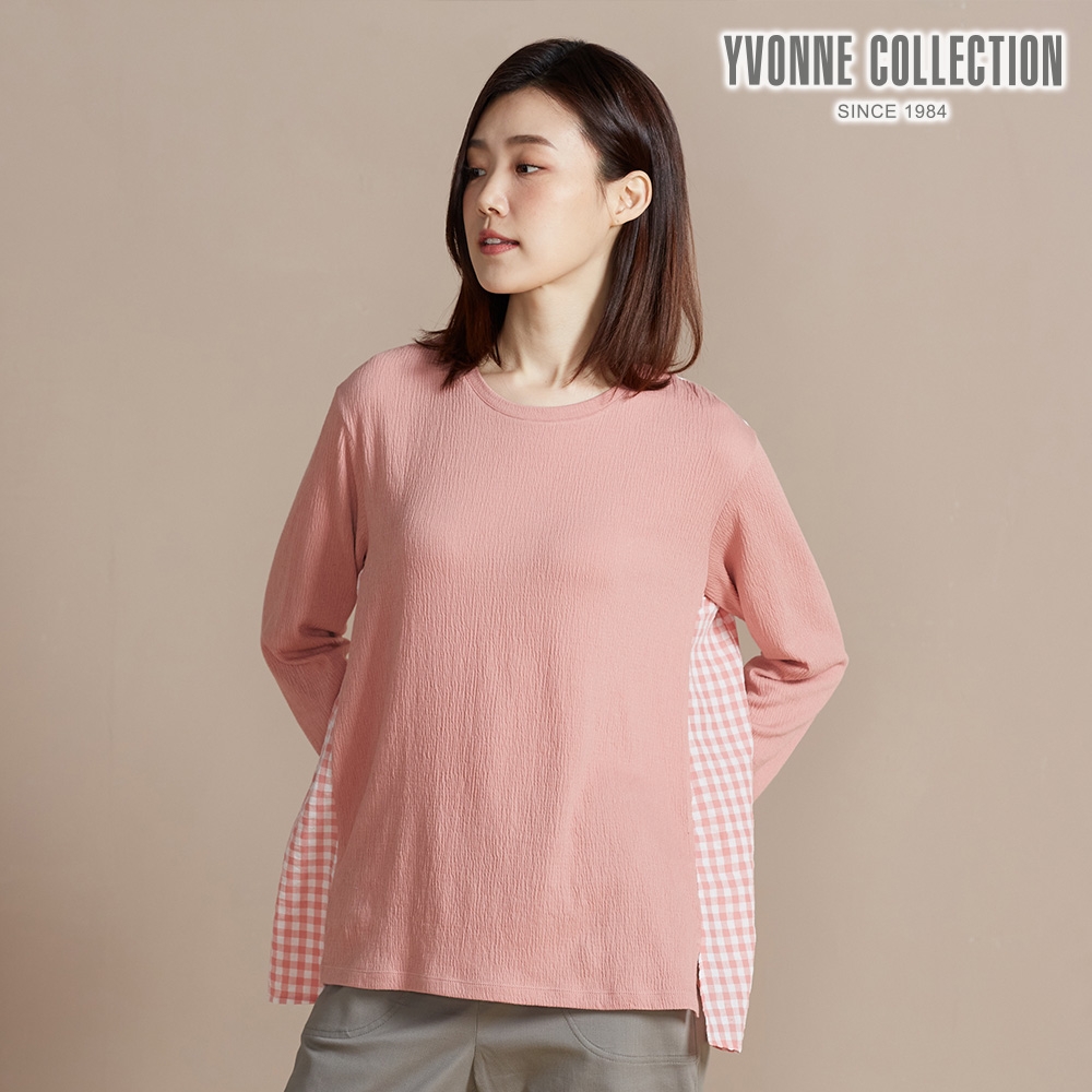 YVONNE 以旺傢飾 皺皺提花拼接長袖上衣-薔薇粉