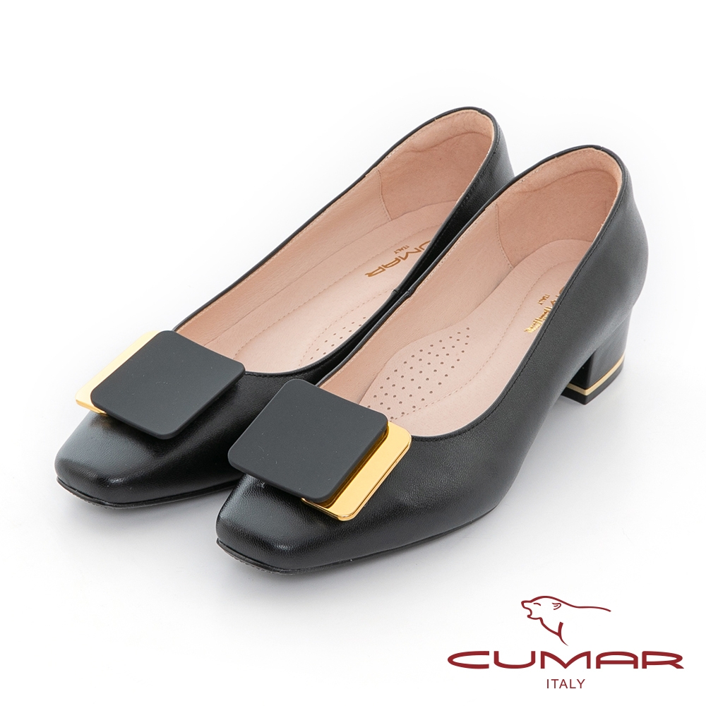 【CUMAR】小方頭簡約方式釦低根粗跟鞋-黑色 | 3-6cm | Yahoo購物中心