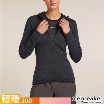 【Icebreaker】女 DESCENDER RealFleece 刷毛保暖連帽外套-200.夾克.美麗諾羊毛混紡中層衣/Cool-Lite輕盈透氣/ IBBA56YN-944 深灰/黑
