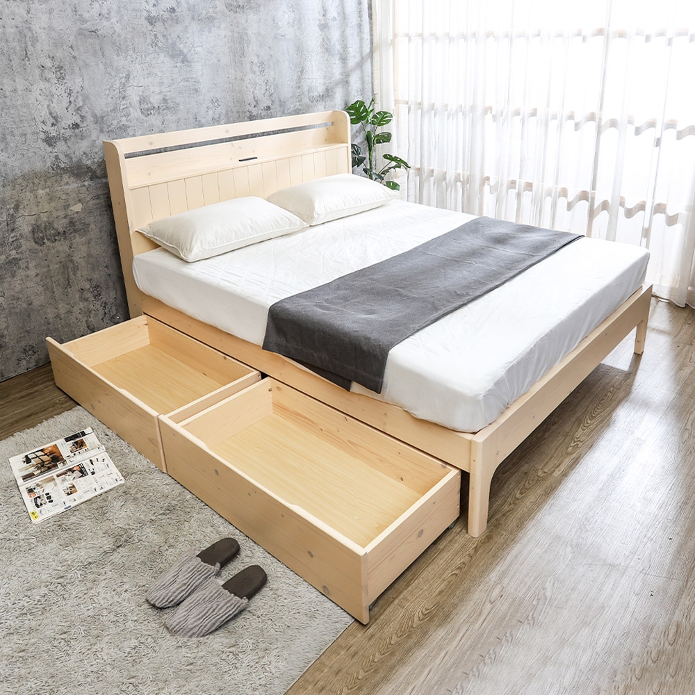 【送料無料】新品⭐ 床架 单人床 带床头柜双插座 承重300kg 柏蒂家居-利歐5尺雙人書架型插座床頭實木床架-附收納抽屜2入(兩色可選