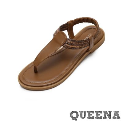 QUEENA 低跟涼鞋 羅馬涼鞋/波西米亞民族風經典T字皮紋繩飾低跟羅馬涼鞋 棕