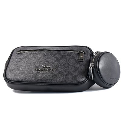 COACH 男款 緹花LOGO防刮拉鍊腰包-灰黑/附零錢包