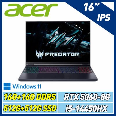 Acer 宏碁 Predator Helios Neo PHN16-I31-51M3 16吋電競特仕筆電(i5-14450HX/RTX5060/16G+16G/512G SSD/Win11/黑)