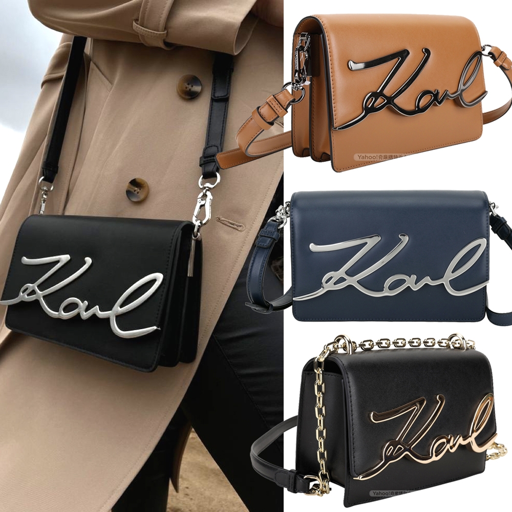 KARL LAGERFELD K/Signature 卡爾 簽名金屬字樣牛皮肩斜背包-多款可選
