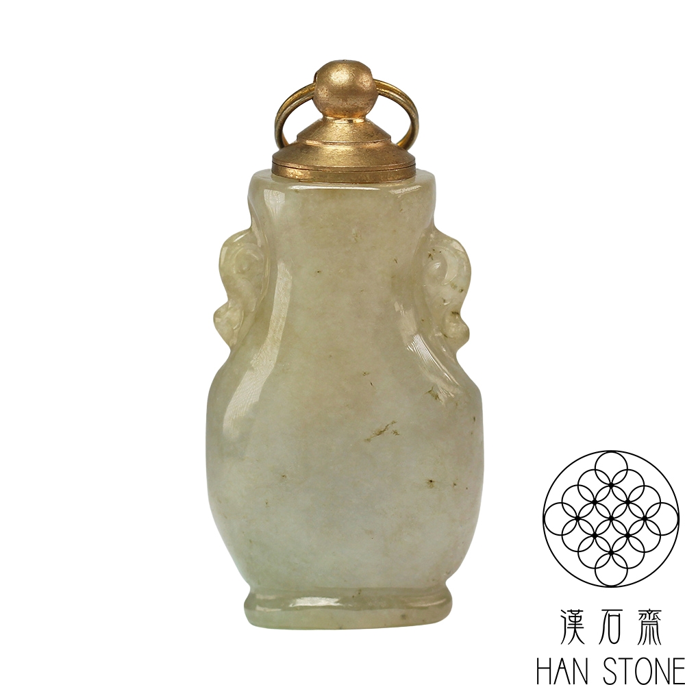 #【本翡翠】天然ジェダイト #鼻煙壺 #氷糯種 陽緑 透過良 結晶有 龍耳彫刻 漢石齋】天然翡翠A貨銅蓋雲耳鼻煙壺冰糯種(23*47*13mm) | 漢石齋