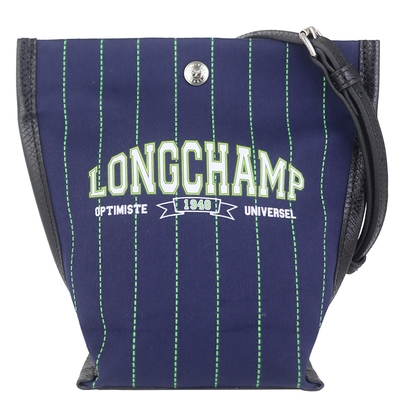 Longchamp Essential 藍色條紋帆布皮邊斜背包