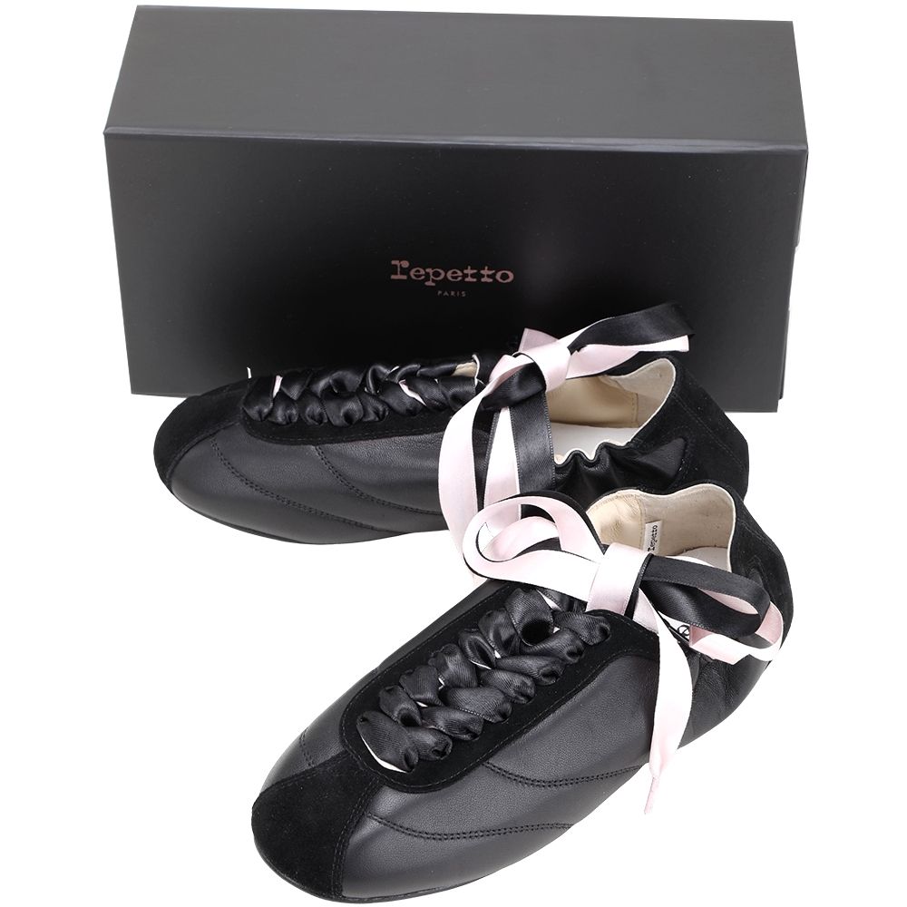 Repetto Tennis Silk 雙層緞帶小羊皮拼麂皮平底鞋 運動鞋(黑色)