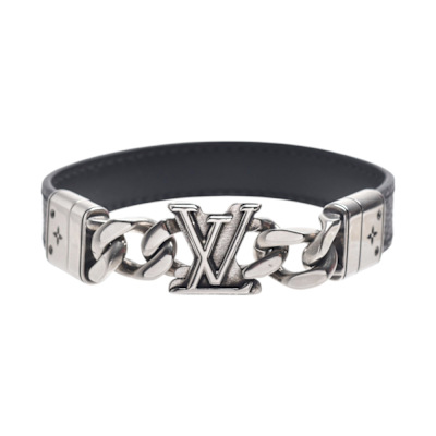 LouisVuitton路易威登 LV  M8828D 經典LV Dimension系列牛皮銀色黃銅手環/手鍊(黑色/銀色)