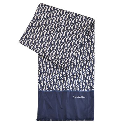 Christian Dior 緹花LOGO絲質長圍巾/披肩(藍)