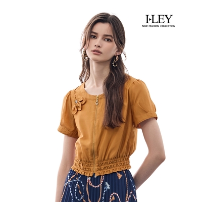 ILEY伊蕾 立體花朵拉鍊蠶絲短袖外套(卡其；M-XL)