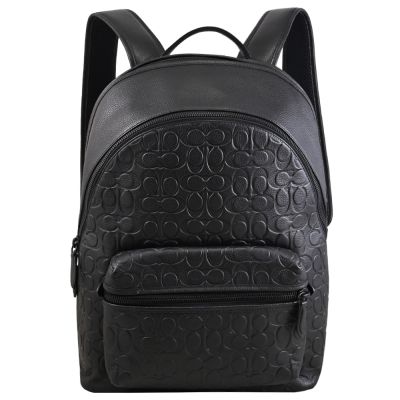 COACH CHARTER 經典壓花荔枝皮革大容量雙層拉鍊後背包(黑)