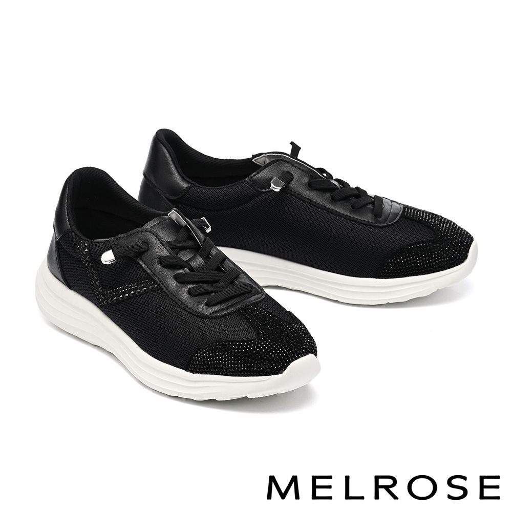 休閒鞋 MELROSE 美樂斯 異材質拼接華麗燙鑽彈力鞋帶厚底休閒鞋－黑