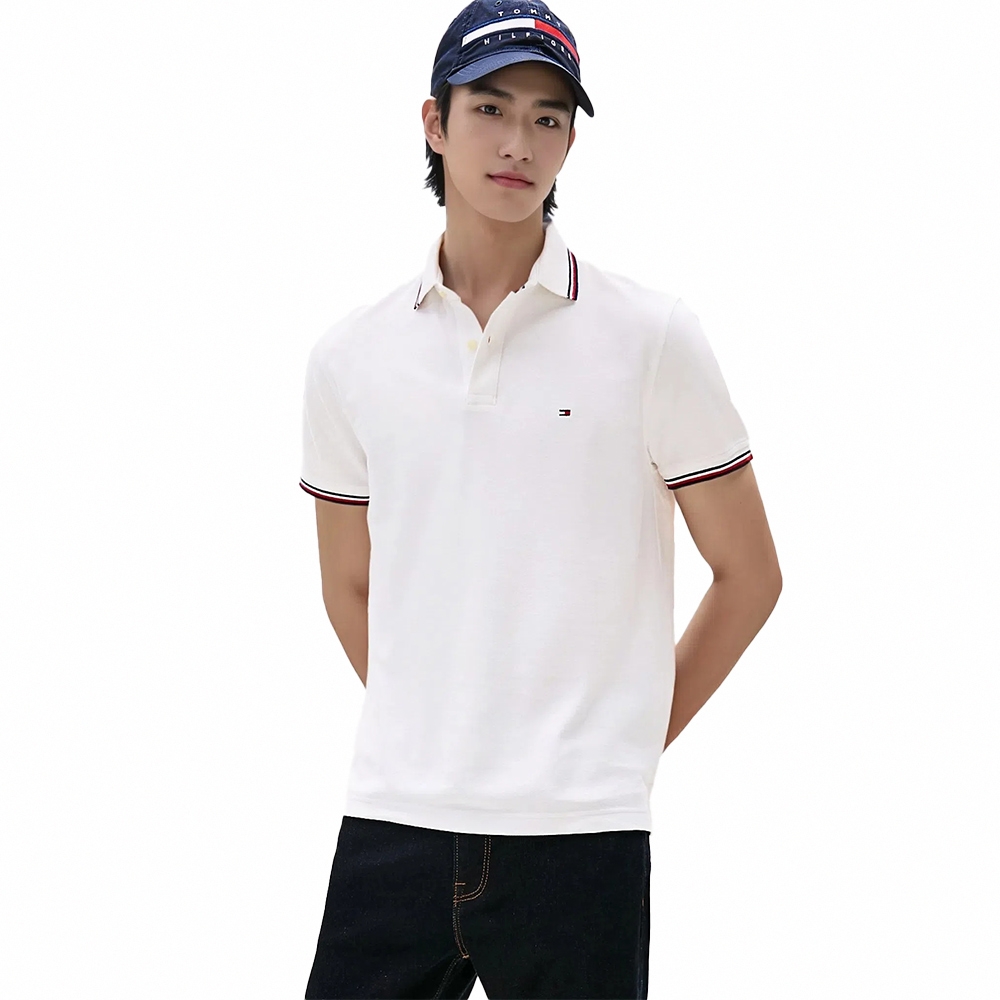 TOMMY 熱銷滾邊刺繡Logo短袖Polo衫-白色