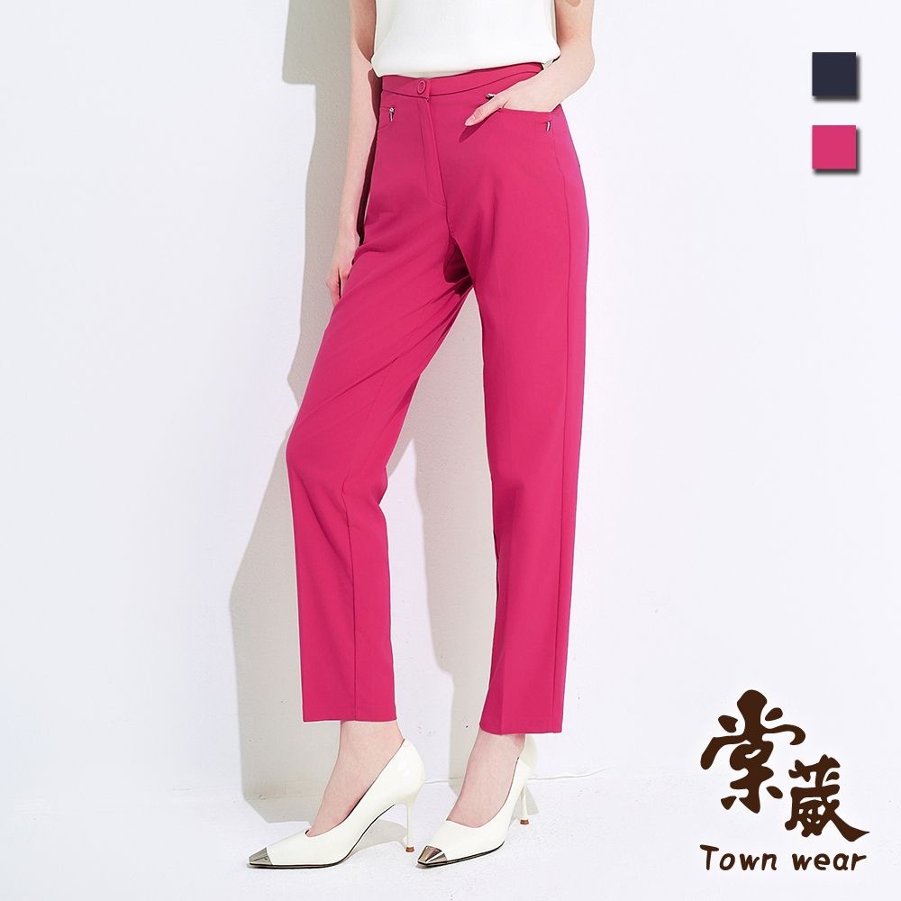 【TOWNWEAR棠葳】休閒涼感口袋九分褲 2色（中大尺碼/女下身/女下著/素色/口袋/休閒/百搭/腰頭彈性） (桃紅色系)