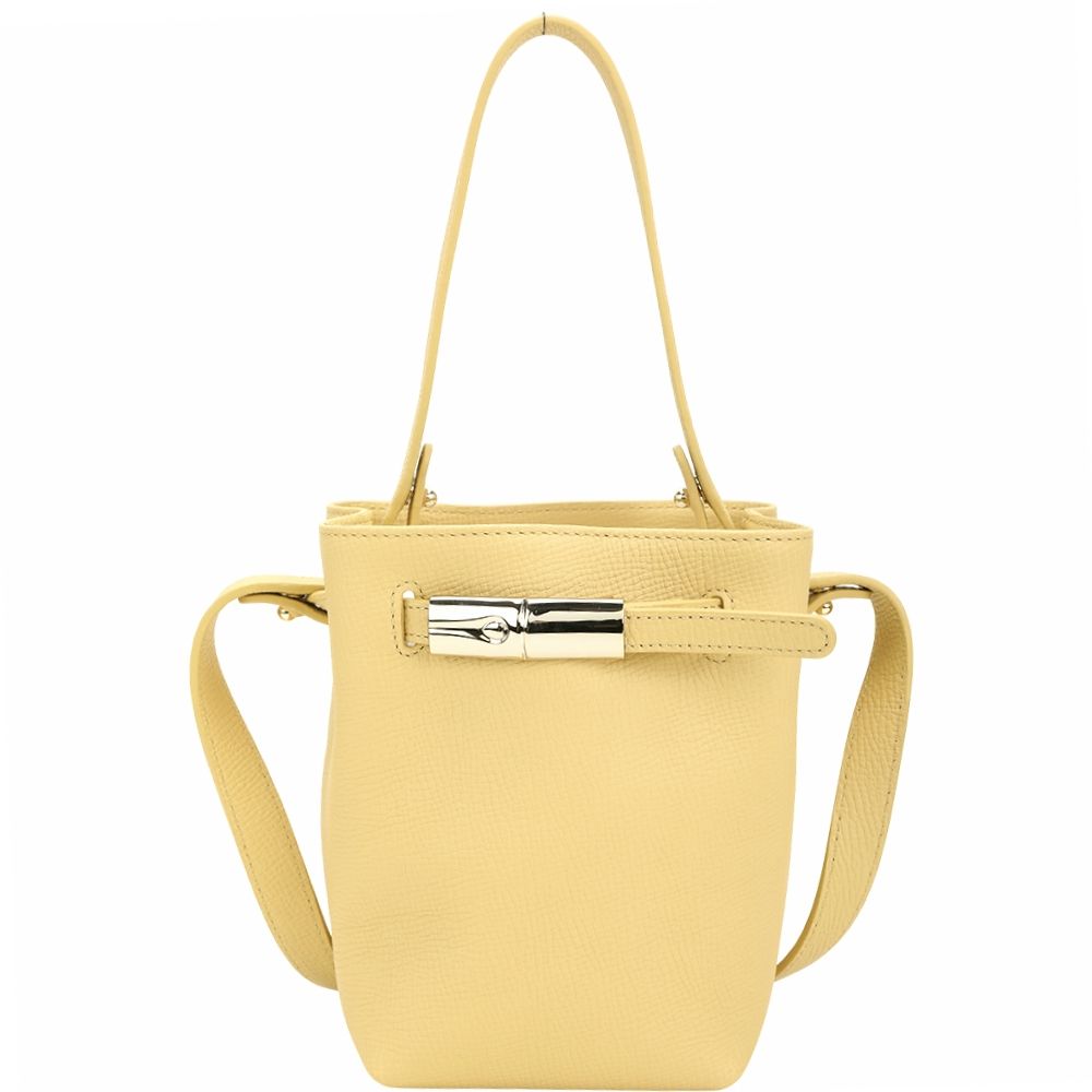 LONGCHAMP Le Smart 竹節扣帶荔紋小牛皮手提 肩斜背水桶包(XS/稻草黃)