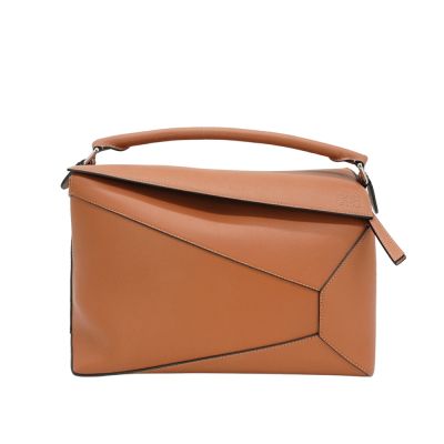 Loewe 羅威 Large Puzzle 牛皮銀釦手提兩用包(棕)