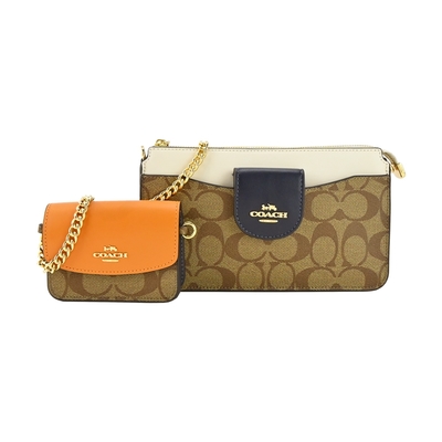 COACH  撞色拼接材質2合1鍊帶輕便斜背包(卡其x藍白)