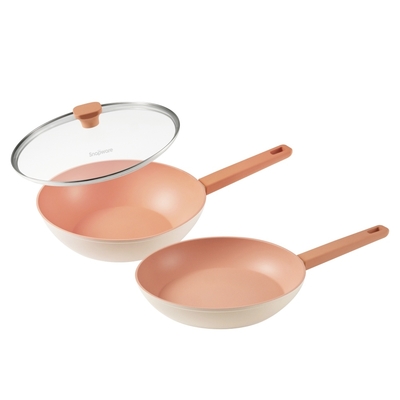 【美國康寧】(雙鍋組)Snapware Roselle優雅鈦不沾炒鍋(含鍋蓋)-28cm+平煎鍋-28cm