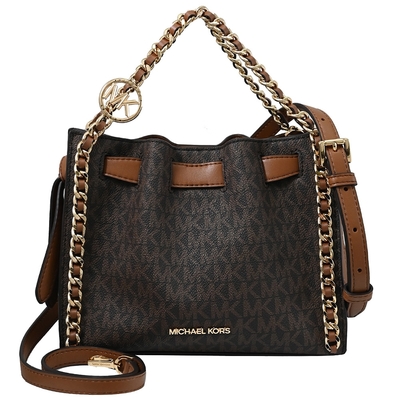 MICHAEL KORS MINA鍊條裝飾邊滿版MK印花兩用斜背包(深咖)