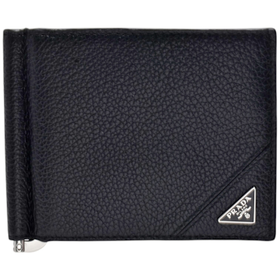 PRADA 經典三角LOGO粒紋牛皮雙折軸釦鈔票夾/短夾(黑色)