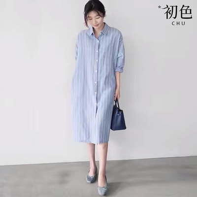 初色 休閒棉麻條紋單排扣POLO領長袖A字裙中長裙連衣裙連身洋裝-共2色-10133(M-2XL可選)