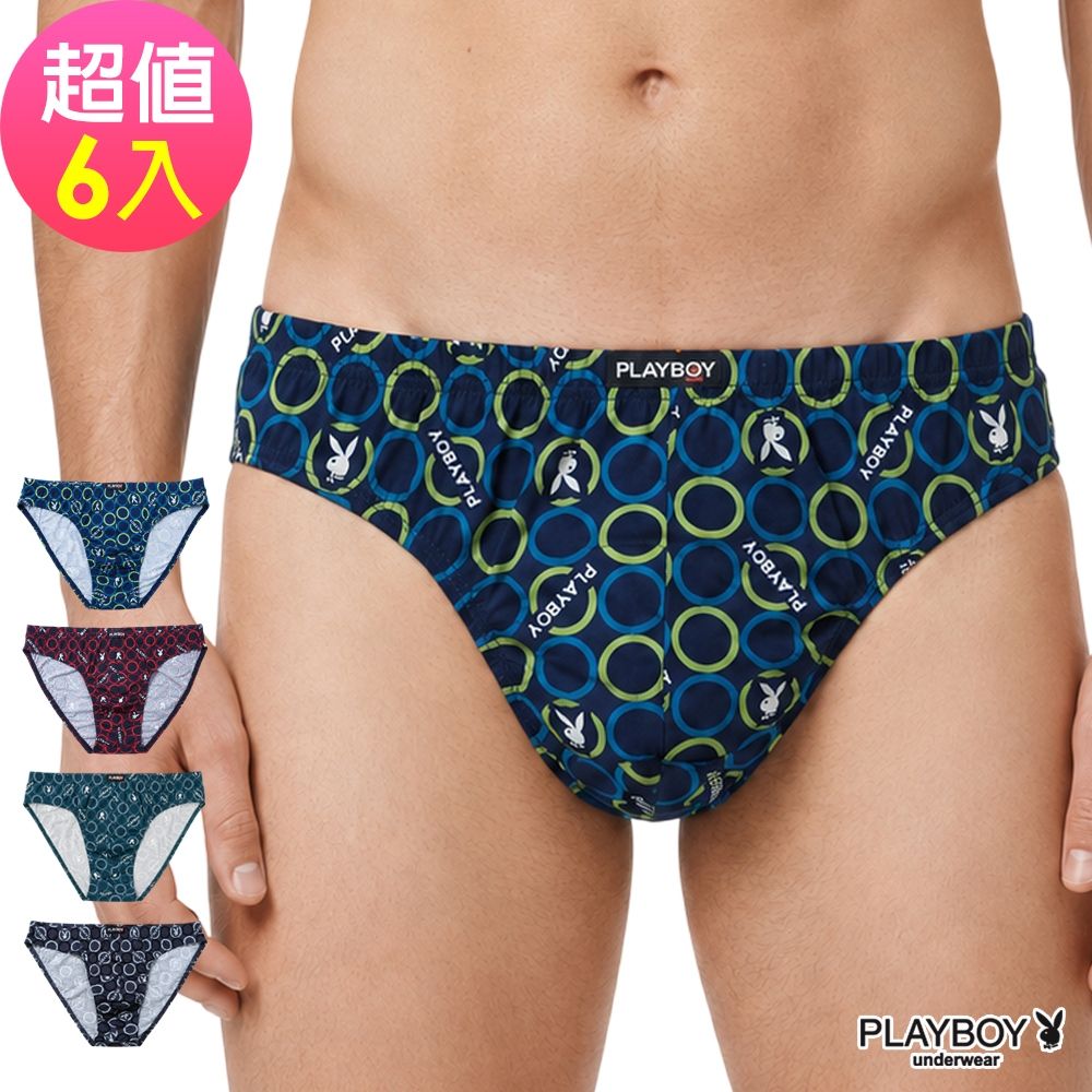PLAYBOY絲光精梳棉兔頭印花三角褲(6件組)-多種印花隨機出貨