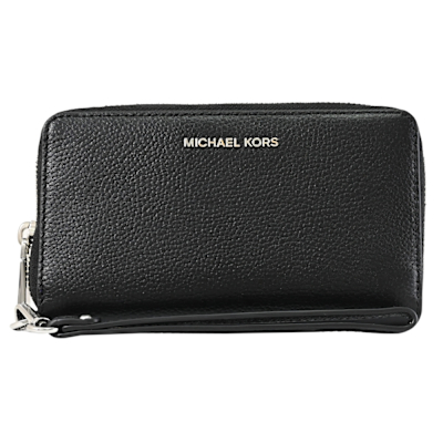 MICHAEL KORS Jet Set荔枝皮革手掛式拉鍊中夾(黑銀)